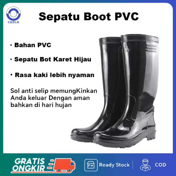 Sepatu Boots Warna HItam Bahan PVC Premium Untuk Berkebun –  Anti Air, Tahan Lama, Awet, Stylish, dan Multifungsi!